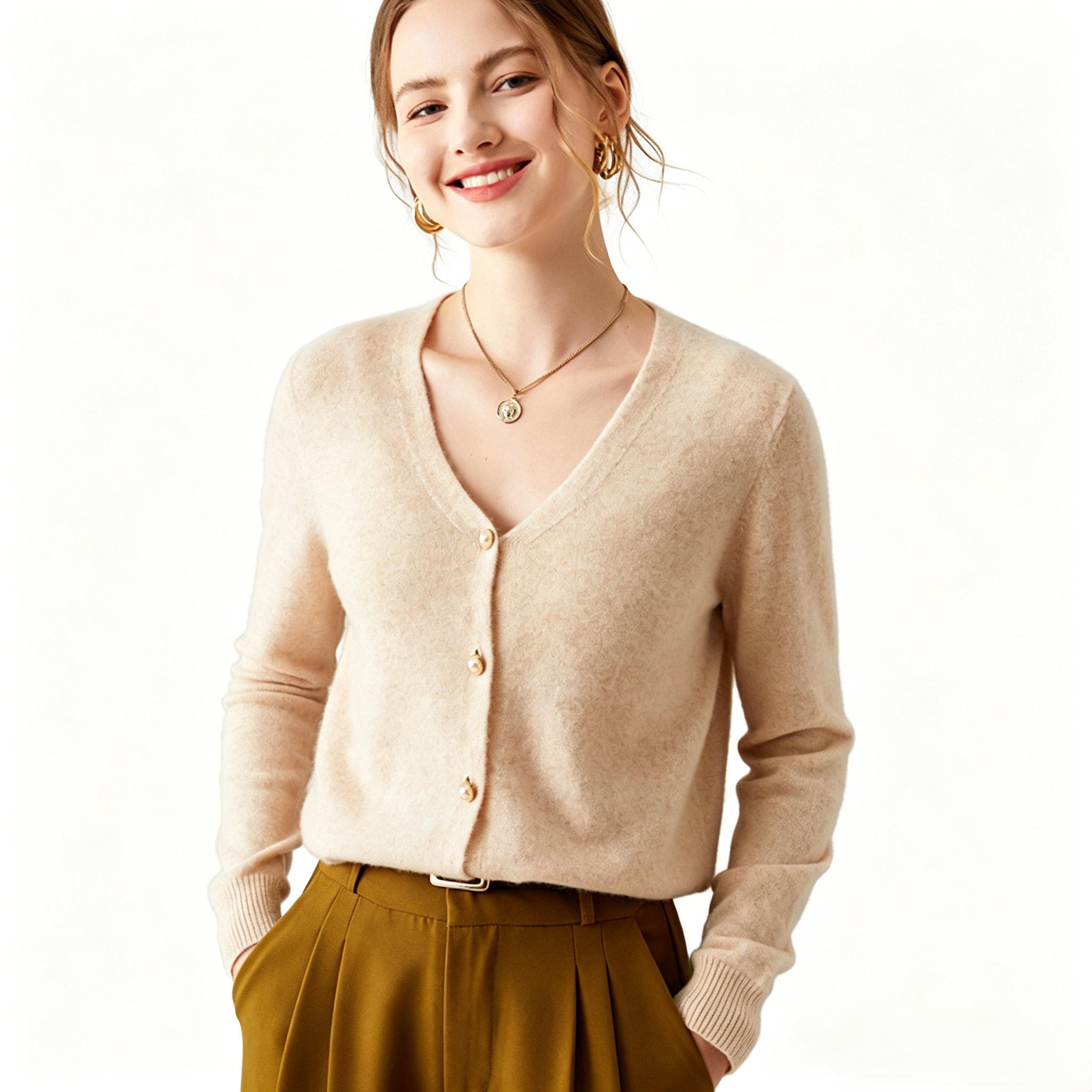 Women Soft Cashmere V Neck Cardigan Long Sleeve Button Knit Sweater Casual Basic Outwear