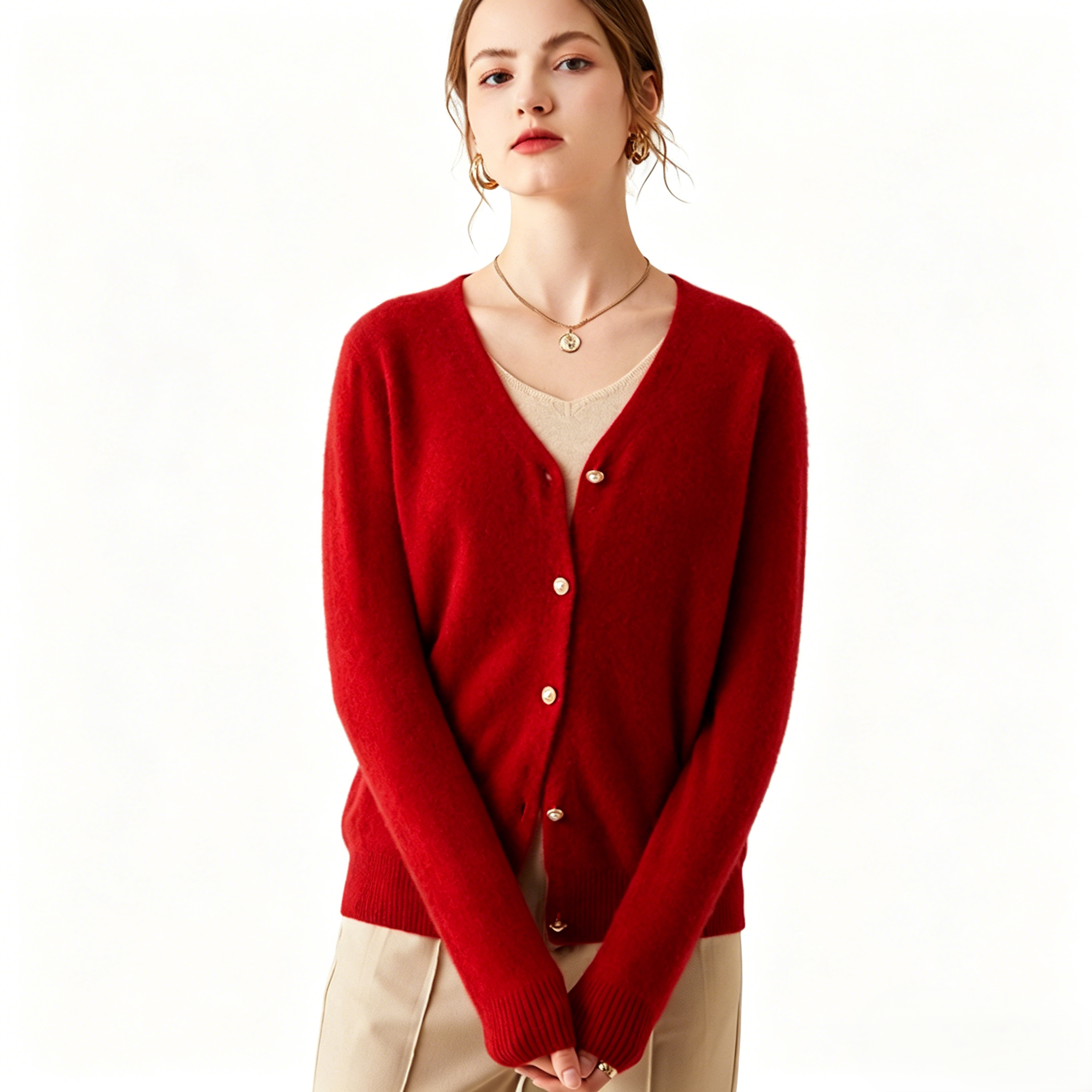 Women Soft Cashmere V Neck Cardigan Long Sleeve Button Knit Sweater Casual Basic Outwear