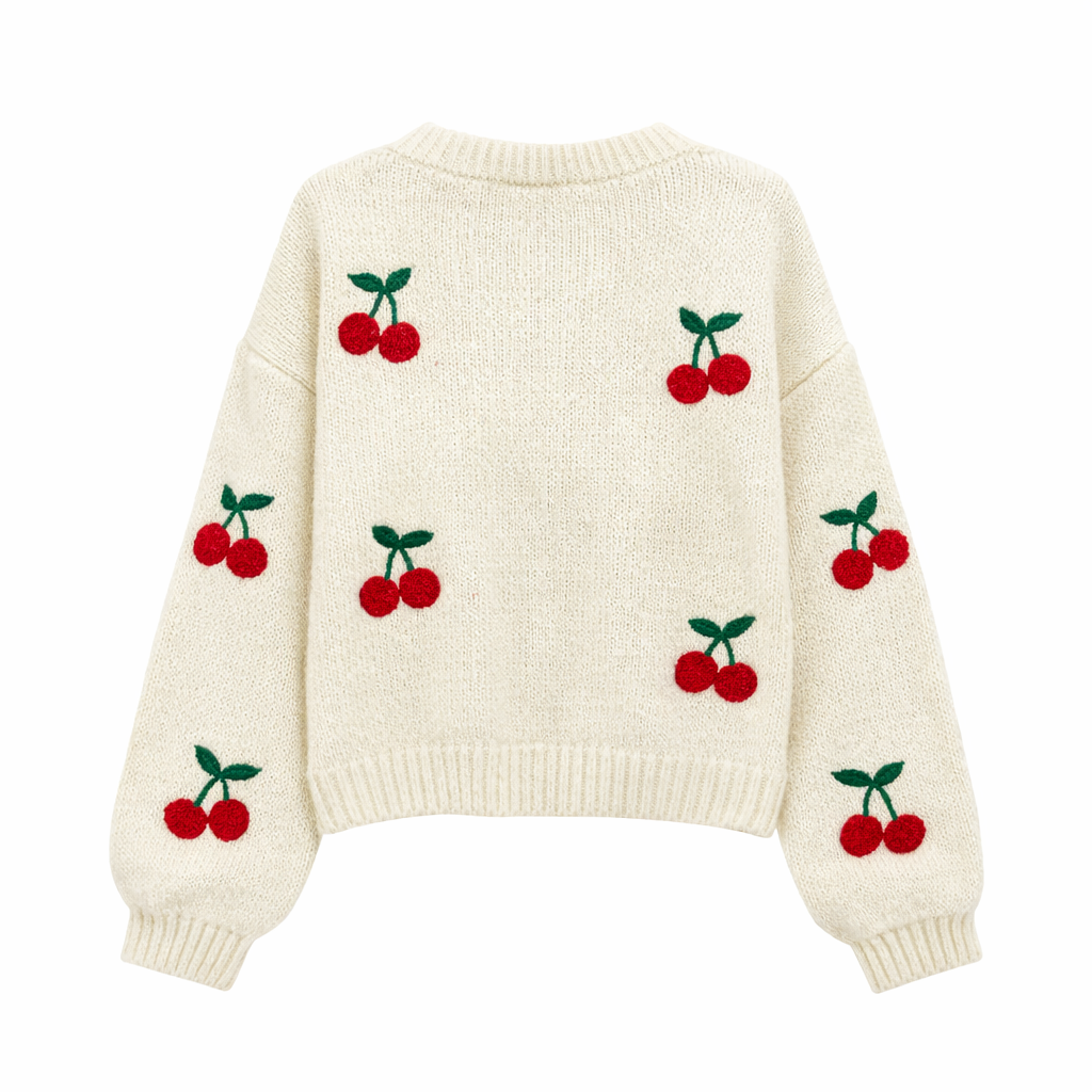 Ladies Cute Cherry Pattern Knit Cardigan V Neck Button Front Long Puff Sleeve Cropped Outerwear Top