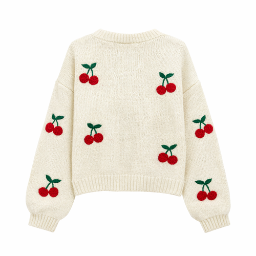 Ladies Cute Cherry Pattern Knit Cardigan V Neck Button Front Long Puff Sleeve Cropped Outerwear Top
