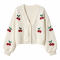 Ladies Cute Cherry Pattern Knit Cardigan V Neck Button Front Long Puff Sleeve Cropped Outerwear Top