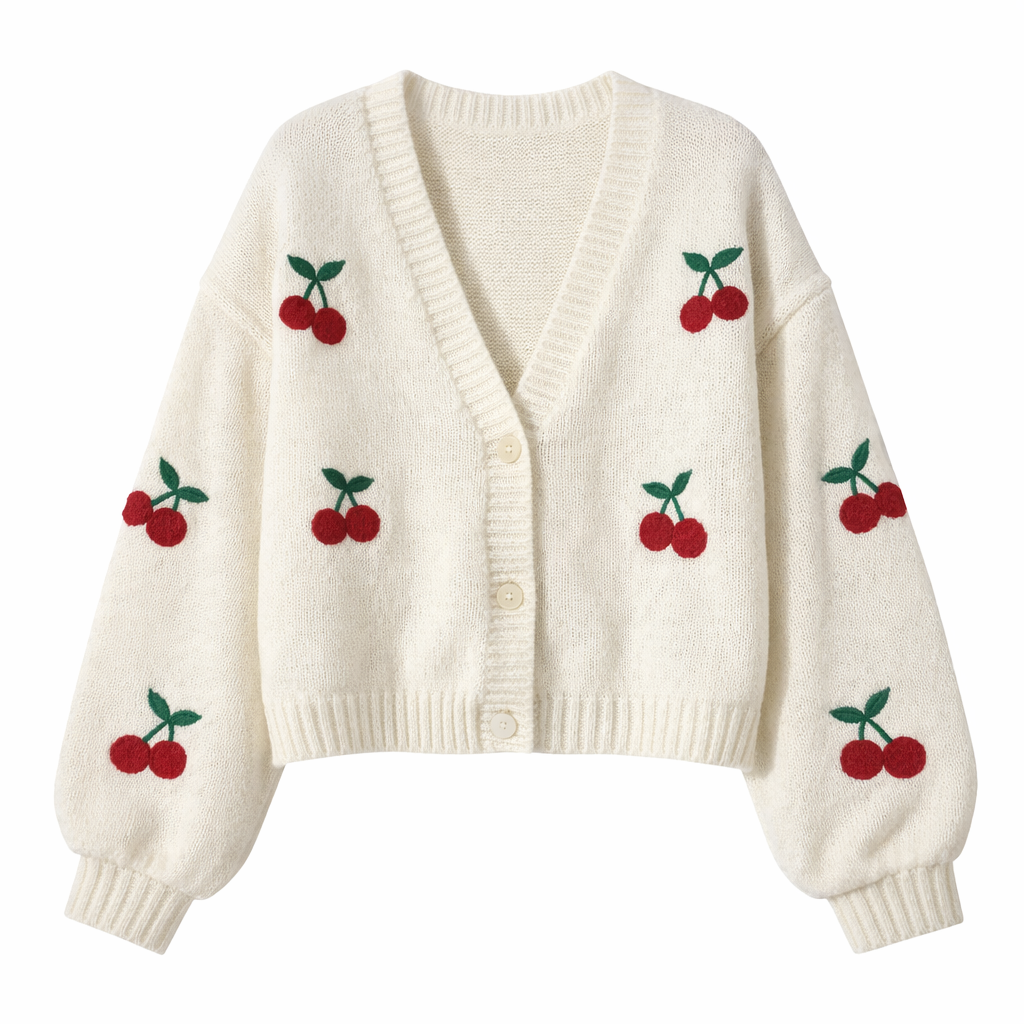 Ladies Cute Cherry Pattern Knit Cardigan V Neck Button Front Long Puff Sleeve Cropped Outerwear Top