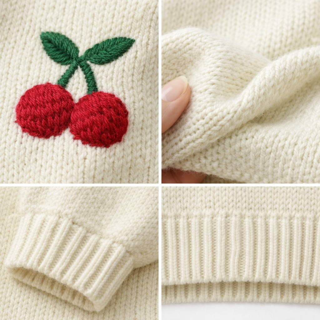 Ladies Cute Cherry Pattern Knit Cardigan V Neck Button Front Long Puff Sleeve Cropped Outerwear Top